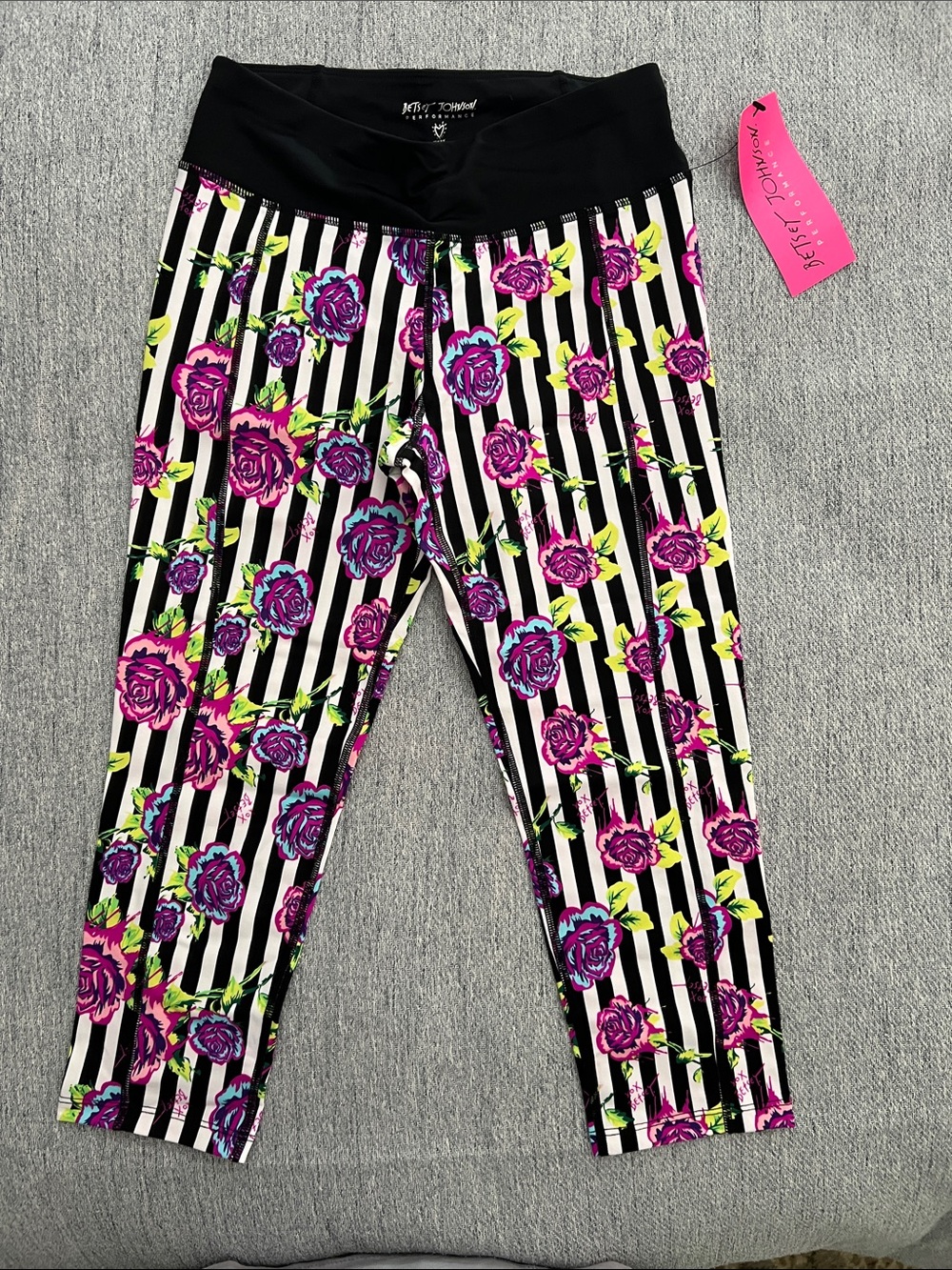 Betsey Johnson Black & White Stripe Capri Leggings with Pink & Purple Roses